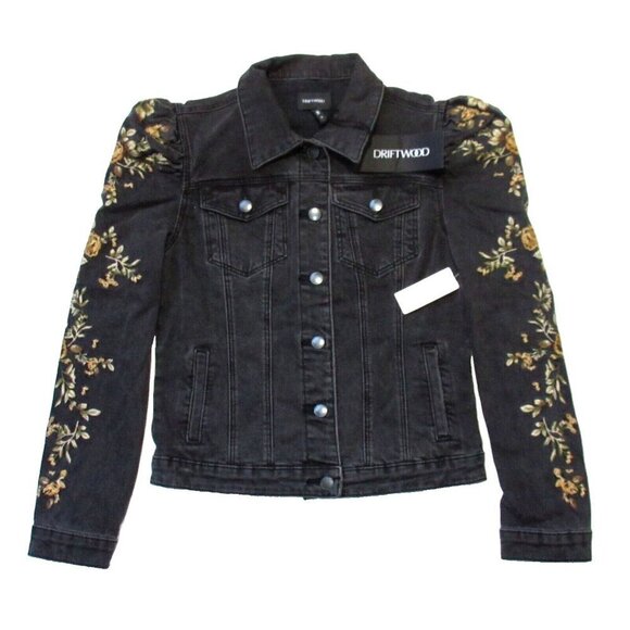 NWT Driftwood Gigi in Black Floral Embroidered Puff Sleeve Denim Jacket S